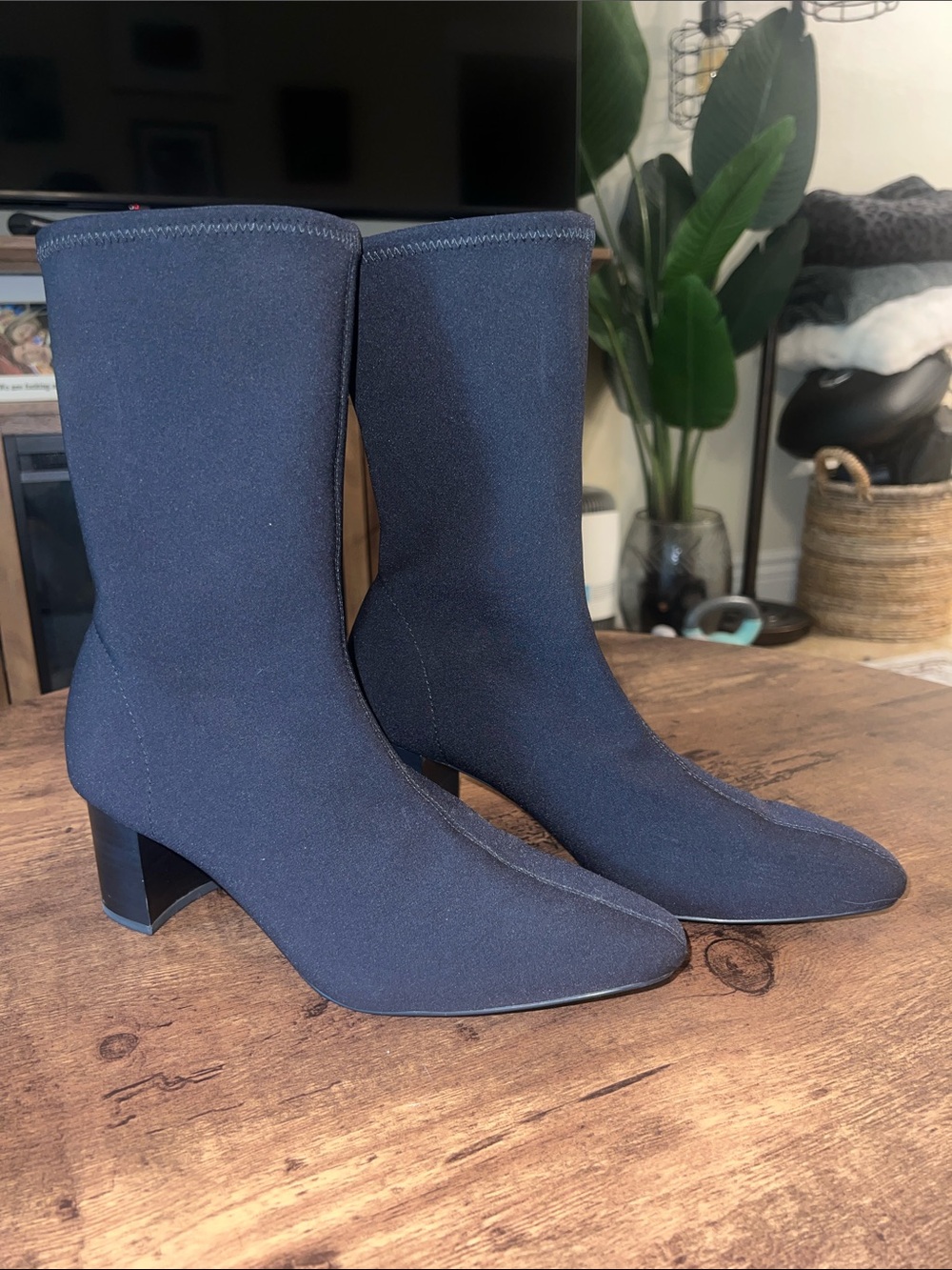 H&M Black Stretch Sock Ankle Boots with Block Heel